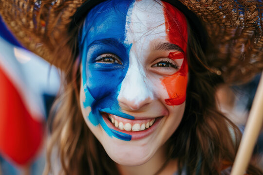 portrait of a happy person wearing france flag face paint