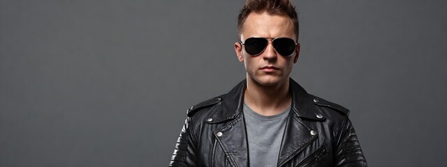 Portrait of a man in sunglasses and a leather jacket on a dark background. Advertising banner with copy space. Creative animal concept.