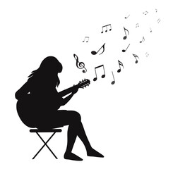 Vector black silhouette of a girl playing an acoustic guitar with musical notes on white background. Make music. Hobbies and entertainment.