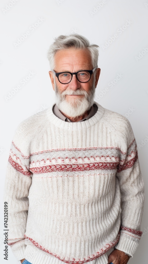 Aufkleber stock image of an elderly man in a sweater against a white backdrop generative ai