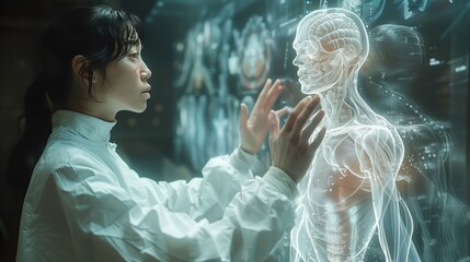 A doctor  views a hologram of a patient's anatomy modern technology. - obrazy, fototapety, plakaty