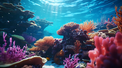 Beautiful undersea tropical fluorescent sea anemone on deep sea coral reef