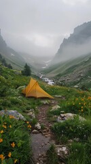 A yellow tent is pitched up in the mountains