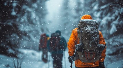 A group of people walking through a snow covered forest