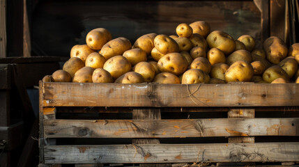 A mound of round golden potatoes piled high in a wooden crate their earthy scent filling the air.