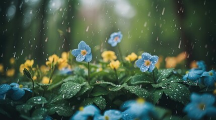 Obraz na płótnie Canvas Rain gently falls on vibrant blue flowers and lush green leaves in a peaceful springtime garden.