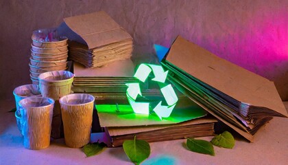 assorted paper and cardboard materials marked with the universal recycling symbol, set against a neutral background to promote environmental conservation and sustainable practices