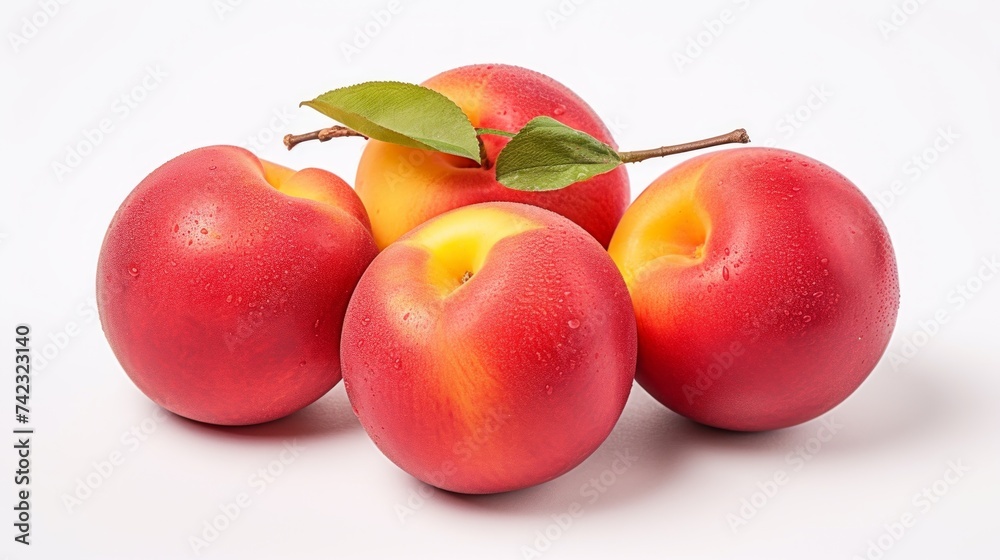 Poster three juicy, succulent nectarines captured in a close-up realistic photo against a white background 