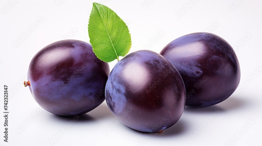 Poster Three ripe plums captured in a close-up realistic photo against a white background Generative AI