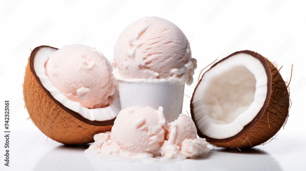 Poster three scoops of tropical coconut ice cream showcased in a close-up realistic photo against a white b