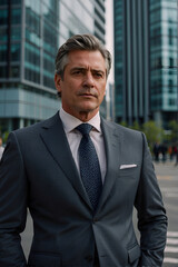 A sharply dressed businessman posing confidently in a city street with tall buildings behind him. Portrait of a middle-aged business executive. 