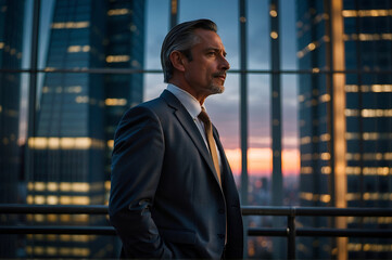 Fototapeta premium A handsome middle-aged businessman standing at his office window with the lights of city skyscrapers behind him.
