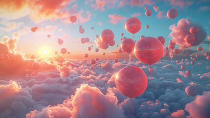 A vibrant floating balloon city, each balloon representing a cherished memory or aspiration, creating a dreamscape for the optimist at heart. - obrazy, fototapety, plakaty