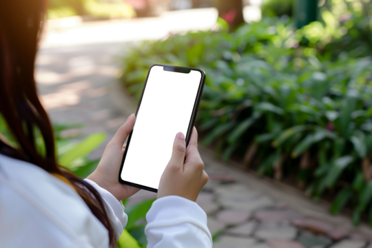 Woman standing and holding blank screen mock up mobile phone in street,smart phone,city,app demo