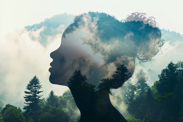 Meditation and mindfulness concept, double exposure photo of a woman meditating and a forest
