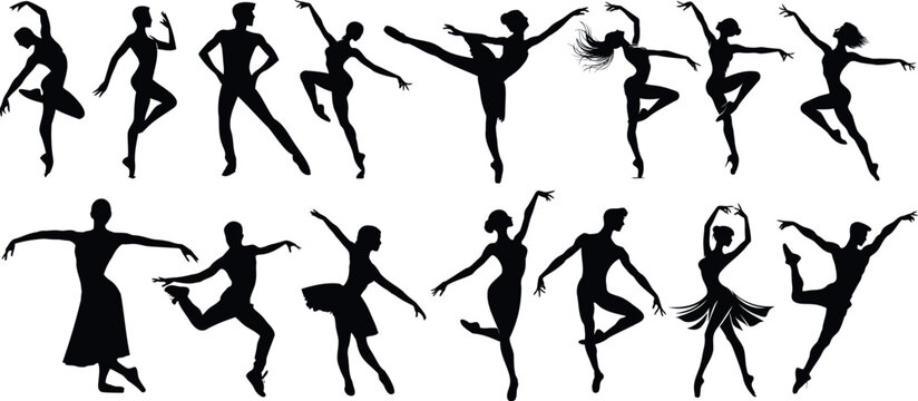 Dancer silhouettes, ballet, modern dance positions. Dynamic, elegant figures showcasing various dance moves. Perfect for design projects related to dance, performance arts, fitness