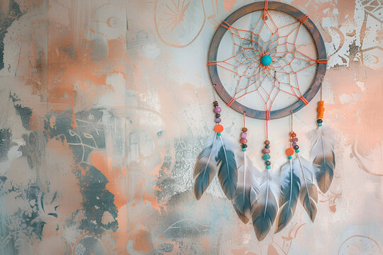 Hand painted dream catcher border in the style of subtle pastel tones