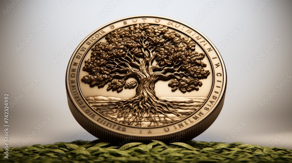 Aufkleber Generative AI ancient fictional coin with big tree