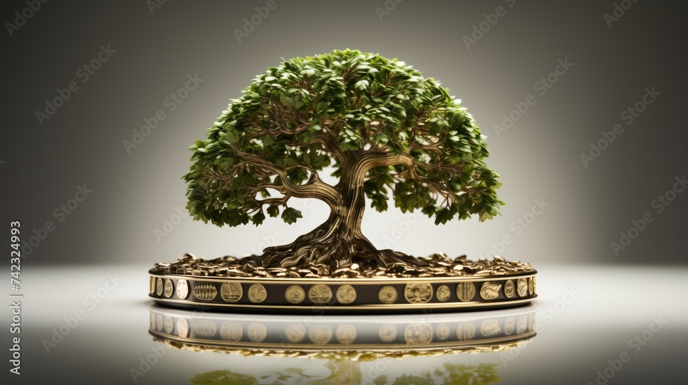 Poster Generative AI Ultra-realistic visual representation featuring a tree on a white backdrop as a symbol of the strength of capital growth beside a coin. Detailed and lifelike depiction showcasing the syn