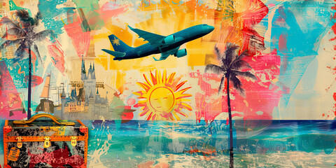 Summer holidays. Pop art collage with an image of an airplane.