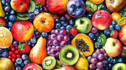 Fresh fruits background. Top view. Food illustratiion.