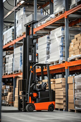 Reach truck forklift lifting a pallet with surplus materials from the top shelf in a large warehouse