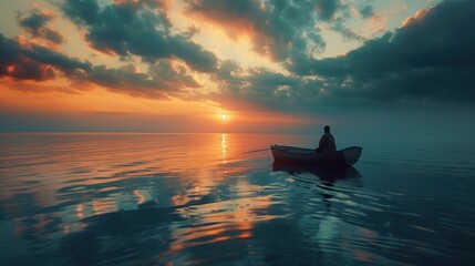 A fisherman sits in a fishing boat alone in the sea at dawn.