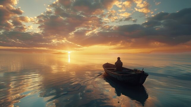 A fisherman sits in a fishing boat alone in the sea at dawn.