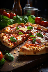 Closeup top view food photograph of delicious classic Italian/ Sicilian pizza with vegetables around 
