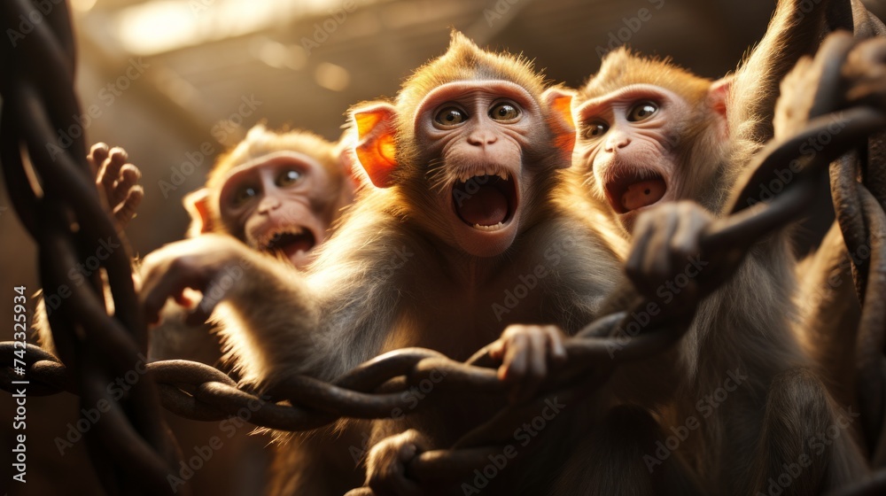 Poster Generative AI Visitors observing a playful group of monkeys swinging and interacting in their habitat at the zoo