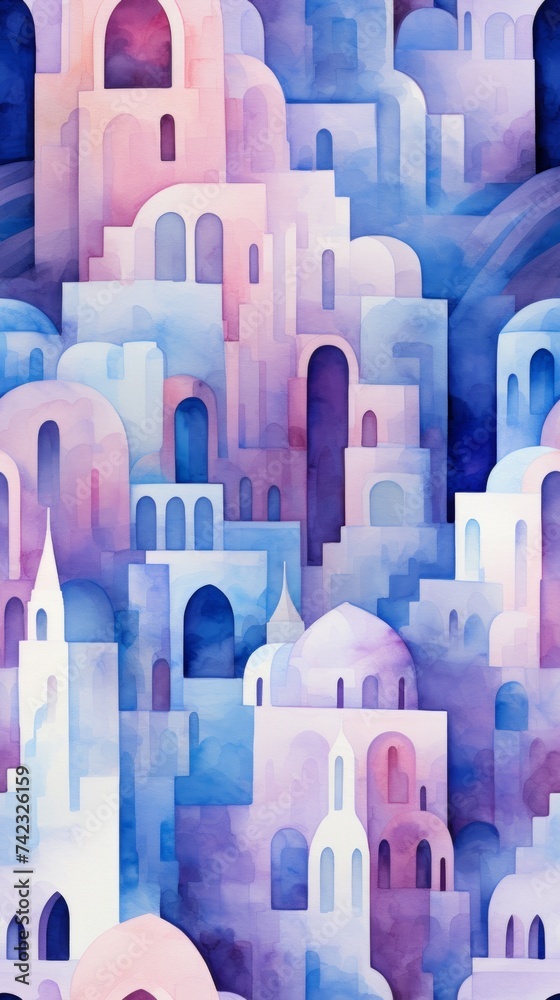 Poster Generative AI Watercolor artwork featuring Italian monastery architectural elements within an asymmetrical design