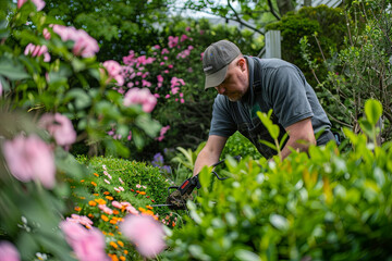 Work in the garden: A gardener is trimming, pruning and shaping boxwood, buxus using hedge shears with blooming flowers, arabis and creeping phlox in the background - obrazy, fototapety, plakaty