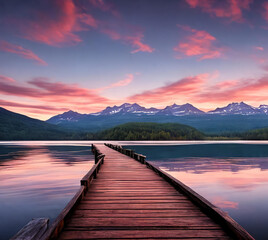 Obraz premium A vibrant sunset paints the sky over a serene lake. Generative AI