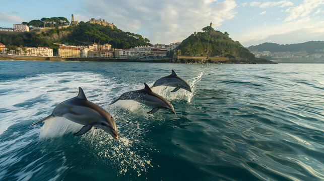 Dolphins in the waters of the Bay of Biscay off the coast of Spain.