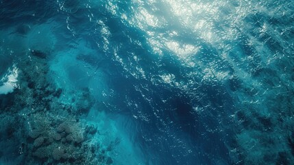 Aerial view showing visible coral reef on the surface of the sea, Aerial Perspective of Sunlight Dancing on a Coral Reef in Clear Blue Waters