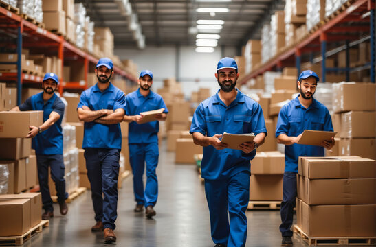 Busy rush workflow of hardware store employees. Group of workers working in large warehouse, shipping goods, prepare cardboard boxes for freight. International export business, and storehouse workflow