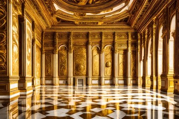 Fototapeta premium Opulent golden palace interior with ornate baroque architecture, majestic royal ballroom featuring intricate gold leaf carvings, luxury marble floors in a grand historical hall setting