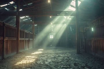 Empty Horse Barn - empty wooden stalls and light rays - obrazy, fototapety, plakaty