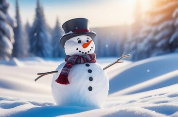Panoramic view of happy snowman in winter secenery with copy space 