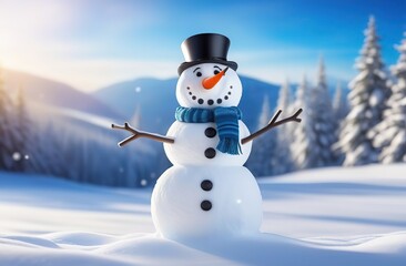 Obraz premium Panoramic view of happy snowman in winter secenery with copy space 