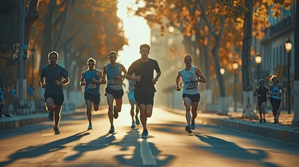 A group of men running in a road race, marathon run contest. AI Generated.