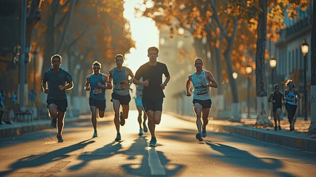 A Group Of Men Running In A Road Race, Marathon Run Contest. AI Generated.