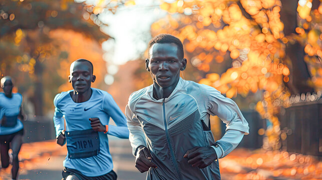 A Group Of Men Running In A Road Race, Marathon Run Contest. AI Generated.