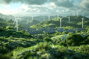 Wind Turbines and Solar Panels in a Green Landscape - obrazy, fototapety, plakaty