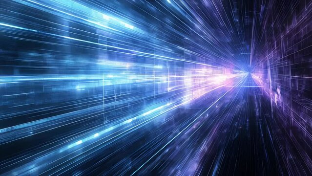 Accelerating streaks of light through cyberspace, with blue and pink rays converging towards a central point, expressing a sense of energy and speed.
