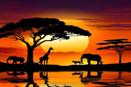 Savannah animals at sunset