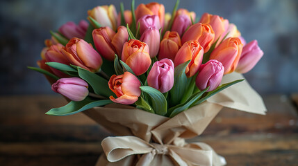 Bouquet of beautiful pink, yellow and orange tulips on the light background