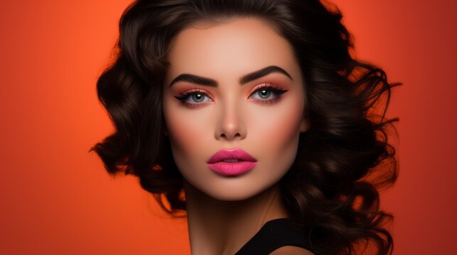 Close-up Studio Portrait of a beautiful young brunette woman with bright makeup on an orange background. Lips, Lipstick, Eye Shadow, Cosmetics, Beauty Salon concepts.