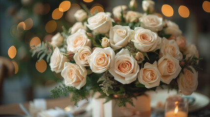 Bouquet of beige roses. Concept of wedding or anniversary