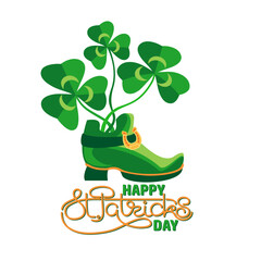 Happy St. Patrick's Day.  Festive composition of leprechaun boot with clover, and orange letters. Handwritten lettering isolated on white. Spring holiday March 17 Saint Patrick. Vector illustration